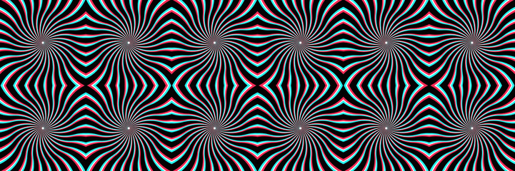 Psychedelic Seamless Pattern of Spiral Sunbursts with CMYK Offset Print Effect. Spinning Optical Illusion Background. Repeating Pattern Tile Included in Vector File.