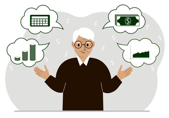 Happy old man thinking about finances. In my thoughts money, calculator, charts. For posters, banners, websites.