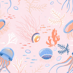 Seamless pattern with jellyfishes and seaweeds © Radiocat