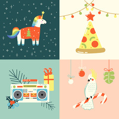 Christmas cards with cute funny animals, pizza slice and boombox