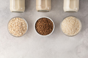 Different vegetable lactose free milk in a bottle and ingredients in bowls