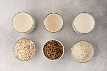 Alternative milk in glasses: oatmeal, buckwheat, rice and bowls with an ingredient on a light background