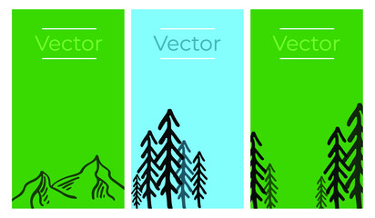 Forest outdoor landscape sketch vector set of illustrations. Camp adventures hand drawn vertical background