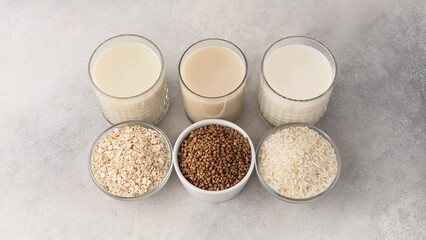 Alternative milk in glasses: oatmeal, buckwheat, rice and bowls with an ingredient on a light background