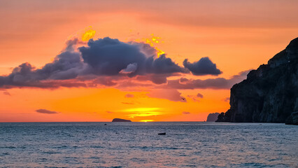 Panoramic sunset view from Marina Grande beach in Positano at Amalfi Coast, Italy, Campania,...