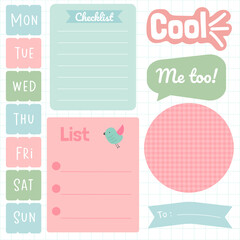 Cute paper notes. Stationary set. Scrapbook notes and cards.Printable planner stickers. To Do List note. Template for your message. Decorative planning element. Vector illustration.