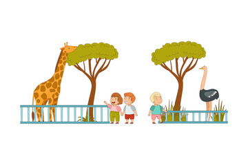 Happy Little Boy and Girl Looking at Ostrich and Giraffe Behind Enclosure at Zoo Vector Illustration Set