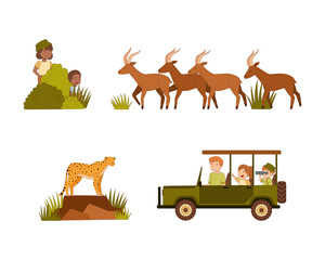 Little Kid with Parent Traveler Visiting Tropical National Park Driving Car Watching Leopard and Antelope Vector Illustration Set