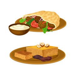 Falafel and Sweet Pastry Dessert on Plate as Egyptian Dish Vector Illustration Set
