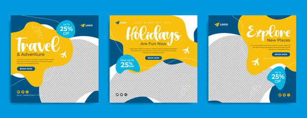 Social media post template for travel and tour business promotion with agency logo and icon. Summer beach holiday web banner with abstract background. Traveling sale poster. Online marketing flyer. 
