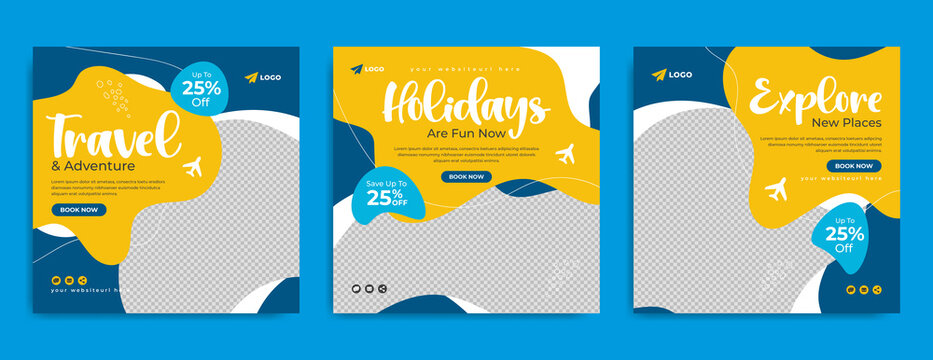 Social media post template for travel and tour business promotion with agency logo and icon. Summer beach holiday web banner with abstract background. Traveling sale poster. Online marketing flyer. 