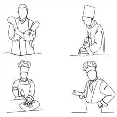 Set of creative templates of continuous line drawings of chef, toque chef hats isolated on white background. The chefs are holding a plate with a place to eat. One line chef vector