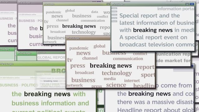 Pop up windows with Breaking news and information on computer screen. Abstract concept of news titles across media. Seamless and looped display animation.