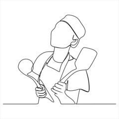 Naklejka premium continuous line drawing of chef cooking cook a gourmet concept vector illustration.