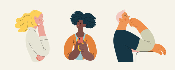 People portrait - Thinking people set-Modern flat vector concept illustration of a young people thinking about something, half-length portrait, user avatar. Creative landing web page illustartion