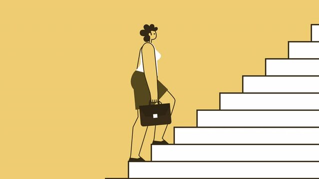 Yellow Style Woman with Briefcase Flat Character Climbs Stairs Walking Cycle. Isolated Loop Animation with Alpha Channel