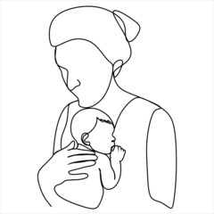 Abstract mother with a child in continuous one line drawing art style. Mother`s Day card. Woman hugging her baby. Happy motherhood concept. Modern vector illustration