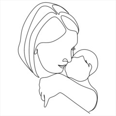 Abstract mother with a child in continuous one line drawing art style. Mother`s Day card. Woman hugging her baby. Happy motherhood concept. Modern vector illustration