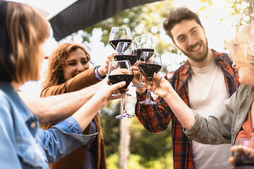 Cheerful friends having fun drinking red wine in vineyard - Group of people toasting together at countryside farmhouse - multigenerational friendship concept