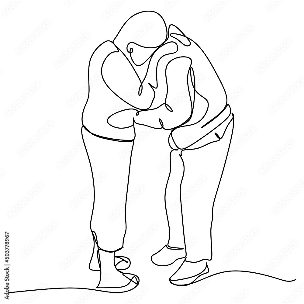 Wall mural elderly couple in continuous line art drawing style. senior man and woman walking together holding h