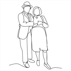 Elderly couple in continuous line art drawing style. Senior man and woman walking together holding hands. Minimalist black linear sketch isolated on white background. Vector illustration
