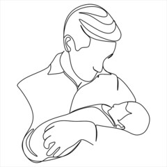 Parent with child in continuous one line drawing artistic style. Father's day card. Dad hugs his child. Happy fatherhood concept. Modern vector illustration