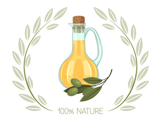 Olive oil in a glass bottle and a sprig of olive. Food icon. Vector illustration. Isolated on white. Cartoon style