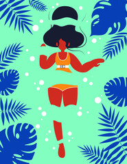 Vector, flat style, body-positive girl bathes. Summer landscape. Tropics, plants, rest, swimsuit. Design elements and illustrations.