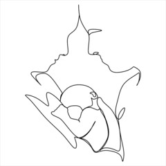 one continuous drawn line of a young couple with a newborn hand-drawn picture of a silhouette. Line art. single line