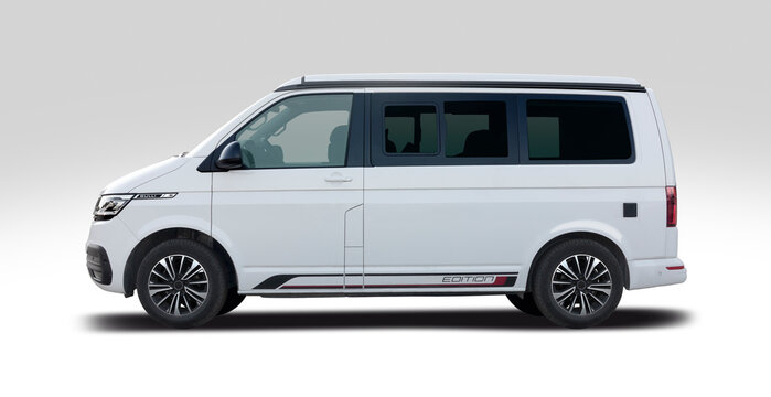 VW T6 Bulli, side view isolated on white background, 17 August 2021, Thessaloniki, Greece	
