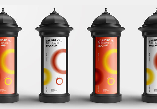 Urban Cylindrical Poster Mockup &ndash; 4-Sided Outdoor Pillar Design Template for Street Campaigns and Advertising Display