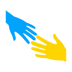 Two outstretched hands. Blue and yellow arms. Help Ukraine voluntary symbol. Help and teamwork concept in national Ukrainian colors. Vector isolated on white.