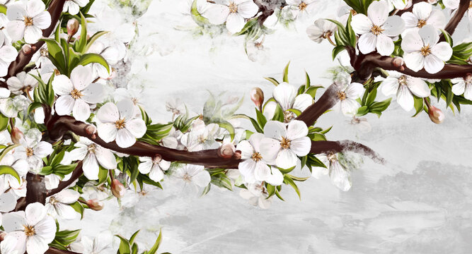  texture background with flowers on a branch photo wallpaper in the interior © Viktorious_Art