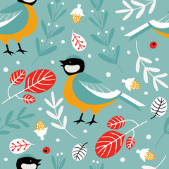 Naklejka premium Hand drawn vector seamless pattern with cute little blue tit birds