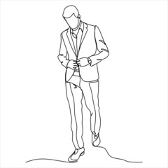 The man is thoughtful, in a suit. Office man. Businessman. full growth. One line. Drawing
