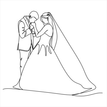 one continuous drawn line wedding drawn from the hand picture silhouette. line art. The characters of the bride and groom of the husband and wife are married