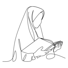continuous single drawn one line Muslim girl student drawn by hand picture silhouette.Line art. Muslim character is educated