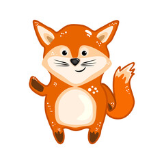 Fox isolated on white background. Red fox cub waving hand. Wild forest animal symbol. Funny little vixen character standing and smiling.Cartoon cute baby fox.Dog-fox mascot sticker.Vector illustration