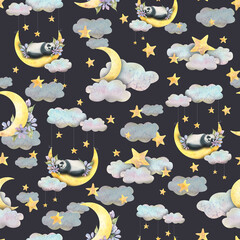 Watercolor illustration of the night sky with the moon, stars and clouds with a sleeping cute panda on a swing. Seamless pattern, childish on a dark background. For textiles, wallpaper, paper, fabrics