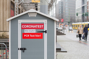 Covid testing site for PCR test. Mobile quick testing site for corona virus on the streets of Germany