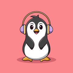 Cute penguin cartoon listening to music, Cartoon penguin with headphones in summer holiday, Vector cartoon illustration