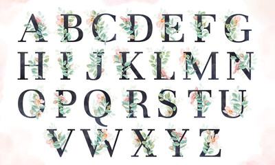 Floral alphabet of black letters decorated with pink flowers and light green leaves. The illustrations are hand drawn in watercolor, isolated on a white background. For postcards, wedding invitations.