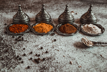 bright fragrant oriental spices, turmeric, curry, paprika, chili, black pepper, cloves, garlic