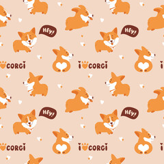 Corgi seamless pattern. Cute and happy welsh corgi puppies and hand drawing letterings. Funny dog characters. Vector background.