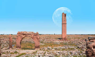 Ruins of the ancient city of Harran with full moon - Urfa , Turkey (Mesopotamia) - Old astronomy...
