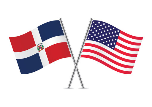 The Dominican Republic and America crossed flags. Dominican and American flags on white background. Vector icon set. Vector illustration.