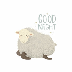 Cute sheep with beautiful fluffy fur fell asleep. Handwritten lettering 