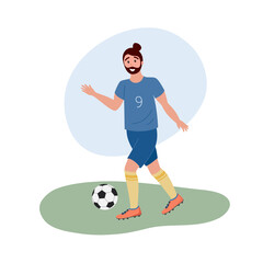 Football player isolated. Flat vector illustration of man playing soccer on grass. Footballer in sports uniform running after soccer ball