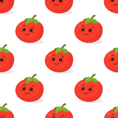 Seamless Pattern with Cute Tomato Isolated on White. Funny Smiling Tomato. Vector Seamless Background for Card, Apparel, Textile Print. Kids Design, Children, Baby, Vegan, Vegetarian, Food Concept