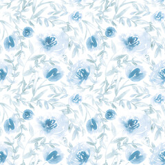 Seamless large scale blue floral watercolor pattern. All over faded flowers wallpaper and fabric print. 